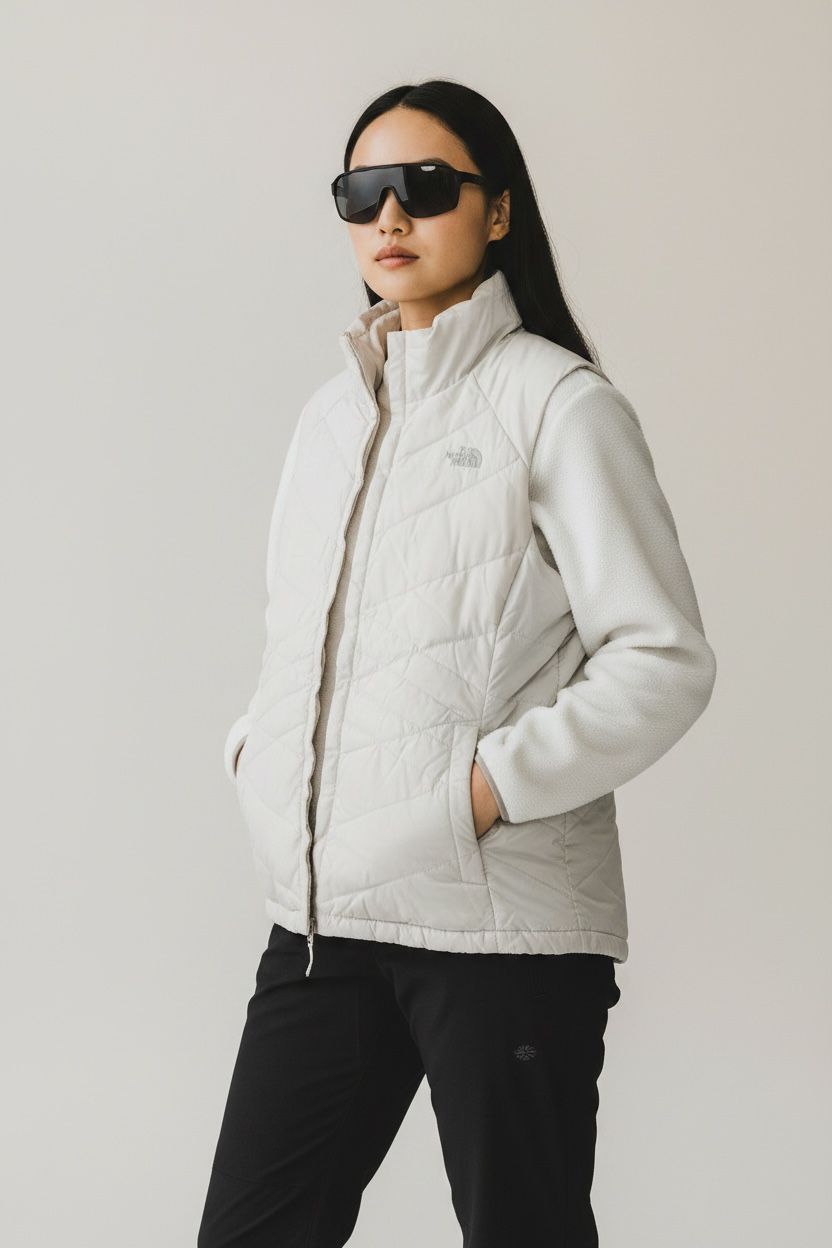 TNF CHALECO BEIGE BRILLOSO PLUMA DE 550. XL DE DAMA.