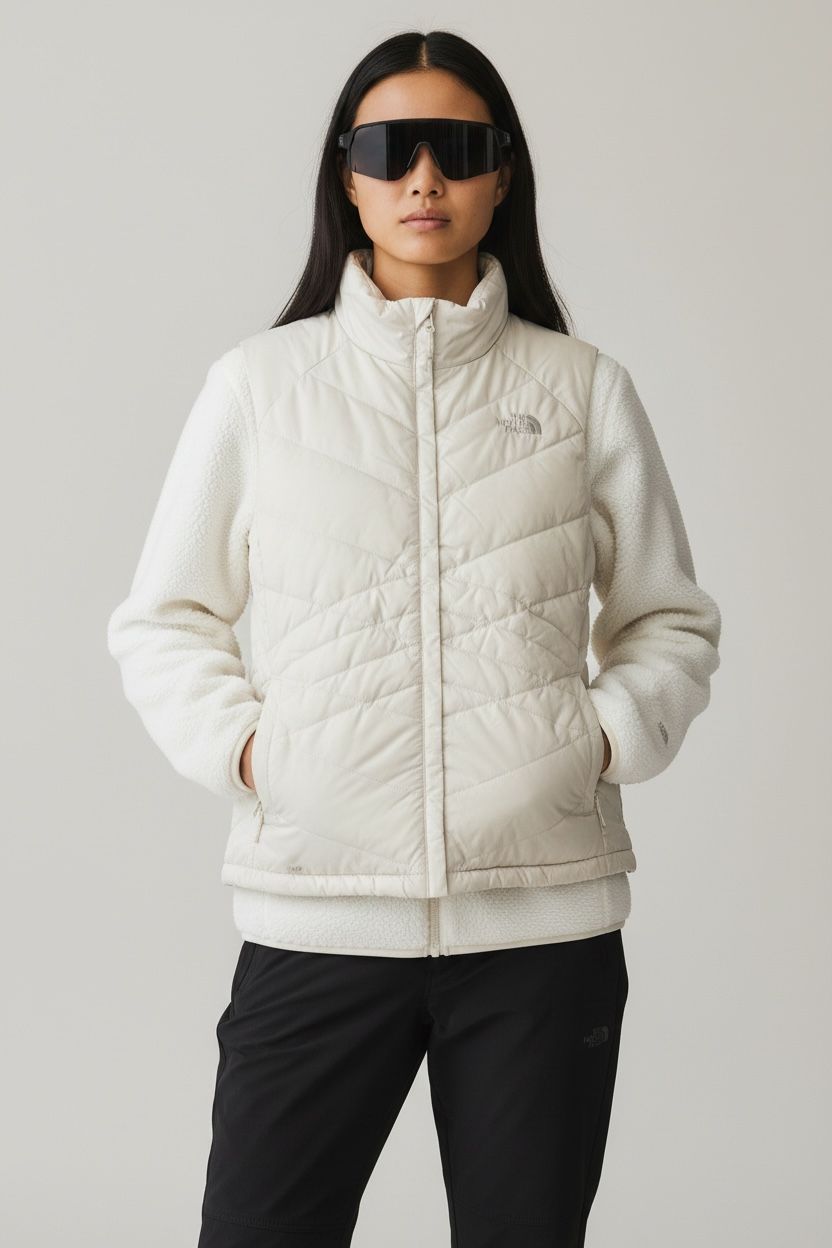 TNF CHALECO BEIGE BRILLOSO PLUMA DE 550. XL DE DAMA.